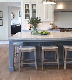 a large kitchen island with stools next to it