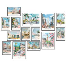 a bunch of postcards that are hanging on a wall in front of each other