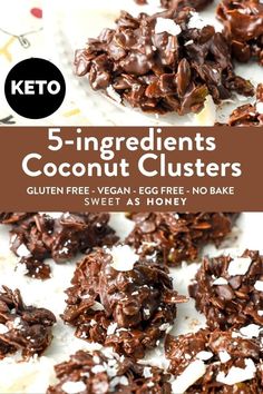 chocolate coconut clusters on a plate with text overlay