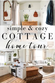 simple and cozy cottage home tour with text overlaying the image, in black and white