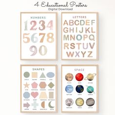 four printables with different shapes and numbers for children's nursery decor, including the