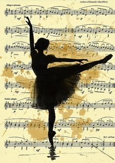 the silhouette of a ballerina on sheet music