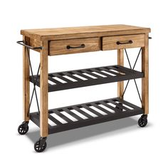 a wooden table with two drawers and wheels on the bottom shelf is shown against a white background