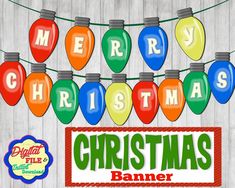 christmas lights are hanging on a string with the words merry christmas banner below it,