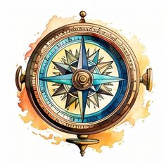 a watercolor drawing of a compass on a white background