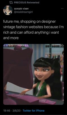 a cartoon character sitting at a table with text that reads future me, shopping on designer vintage fashion website because i'm rich and can avoid anything i want and more