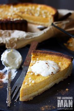 a piece of pie sitting on top of a plate next to a knife and fork