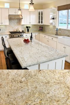 two pictures of a kitchen with white cabinets and granite counter tops, one has an island in the middle