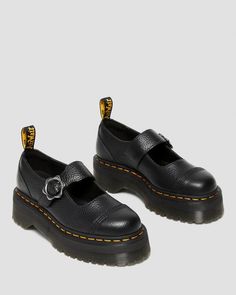 Addina Flower Buckle Leather Platform Shoes in Black | Dr. Martens Leather Platform Shoes, Jadon Boots, Black Platform Shoes, Shoes Stand, Dr Martens Black, Goodyear Welt, Mary Jane Shoes, Nappa Leather, Platform Shoes