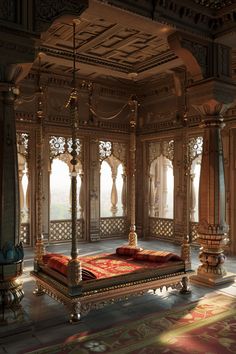 an elaborately decorated bed in the middle of a room with large windows and floor to ceiling curtains