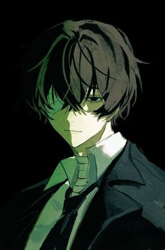 an anime character with black hair and green eyes, wearing a dark shirt and tie