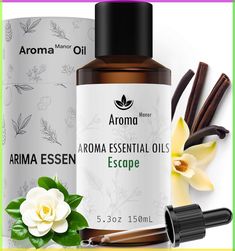 an image of aroma essential oil with flowers and cinnamon sticks next to it on a white background