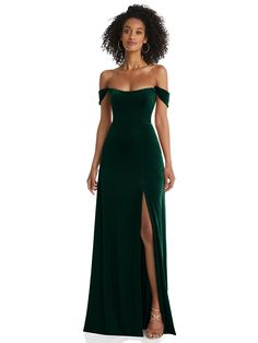 The Dreamy, Romantic, Ethereal Vibes Of This Off-the-shoulder Lux Velvet Dress With Pockets Will Set The Stage For You To Make A Grand Entrance. This Gorgeous Gown Features Elegant Flounce Sleeve Detailing With A Flattering Basque Bodice. Shown In Evergreen. Emerald Green Evening Dress, Off Shoulder Bridesmaid Dress, Formal Occasion Dress, After Six, Velvet Maxi Dress, Velvet Maxi, Velvet Gown, Womens Prom Dresses, Beautiful Prom Dresses