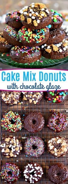 chocolate donuts with sprinkles are stacked on a cooling rack and the title reads cake mix donuts with chocolate glaze