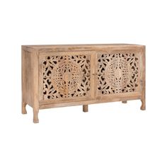 an old wooden sideboard with carvings on the front and sides, made out of wood