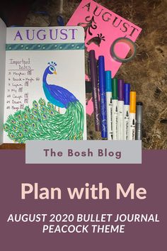 PIN NOW, PLAN LATER! Join me as I set up my August 2020 Bullet Journal. This pin is filled with bullet journal ideas! PIN to your Bullet Journal Inspiration Board! #bujo #bulletjournal Its My Birthday Month, My Birthday Month, Peacock Theme, Bullet Journal Spread