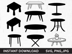 black and white furniture silhouettes on a brick wall with the text instant download svg, png