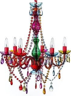 a multicolored chandelier hanging from the ceiling with red and green beads