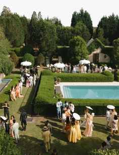 a group of people standing in front of a pool surrounded by lush green trees and bushes