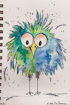 a drawing of a colorful bird with big eyes