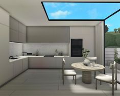 an artist's rendering of a modern kitchen and dining room with skylights overhead