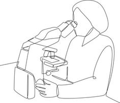 a single line drawing of a person using a microscope