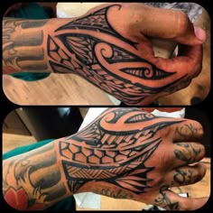 two pictures of the same hand with different tattoos on each arm and one in the middle