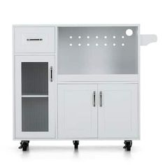 a white cabinet with two doors and three drawers on casteors is shown in front of a white background