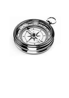 a black and white photo of a compass keychain on a white background with clippings