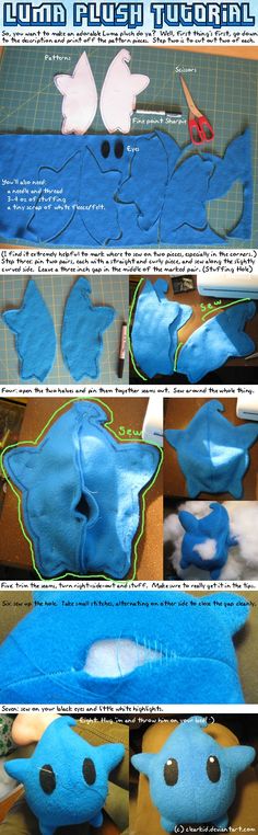 several pictures of stuffed animals in various stages of being sewn and stitched together