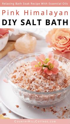 Treat yourself to a pampering bath session with a relaxing Himalayan salt bath and learn the potential benefits of pink sea salt! The homemade bath soak recipe contains nourishing pink Himalayan salt and natural essential oils to revitalize your skin, soothe sore muscles, and put your mind at ease as you relax in the tub. The DIY bath salts recipe includes variations with Epsom salt, dead sea salt, and magnesium flakes. Mineral baths can help with acne and eczema. | CountryHillCottage.com Salt Bath Recipe, Salt Bath Benefits, Diy Bath Salts With Essential Oils, Bath Benefits, Magnesium Bath, Bath Salts Recipe, Himalayan Salt Bath