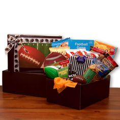 a football themed gift box filled with snacks