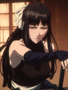 an anime character with long black hair holding a knife in her hand and looking at the camera