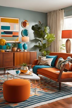 Retro Bedroom Design, Lounge Room Ideas Cosy, Mcm Living Room Ideas, Mid Century Modern Living Room Apartment, Retro Home Aesthetic, Colorful Mid Century Modern Living Room, Mid Century Living Room Ideas, Art Deco Living Room Ideas, Modern Retro Living Room