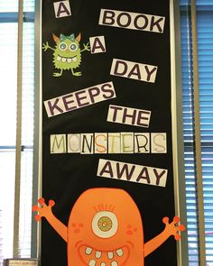 Monster Bulletin Boards, Fall Library, Halloween Library, Library Door, Monster Theme Classroom, Monster Classroom, October Bulletin Boards