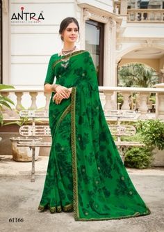 #antra #presents #red #queen #georgette #diamond #lace #print #saree | saree with blouse | half sleeve blouse | colourful green saree | fabrics georgette saree | party wear saree | festival wear saree | printed saree | formal occasion wear saree | antra presents georgette saree collection . Bandhani Saree, Green Saree