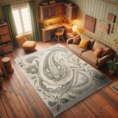 an overhead view of a living room with wood flooring and rugs on the floor