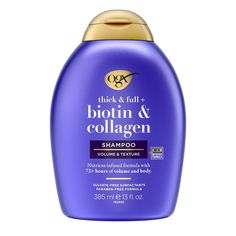 "Get 72+ hours of volume & body with OGX Thick & Full + Biotin & Collagen Volumizing Shampoo. This shampoo from the #1 Hair Repair Brand* leaves hair full & healthy. Our new & improved formula protects hair from excessive loss of lipids & proteins which creates frizz & breakage. Now with LipiPro Shield (TM) Technology, the texturizing shampoo provides 2x more protein & lipid protection** for healthy hair. The nutrient-infused formula with biotin & collagen delivers 72+ hours of volume & body plu Ogx Hair Shampoo And Conditioner, Ogx Hair Products Miracle, No Sulfate Curly Thick Hair Shampoo, Ogx Conditioner, Ogx Keratin Shampoo, Organix Shampoo, Ogx Shampoo, Biotin And Collagen Shampoo, Shampoo For Fine Hair