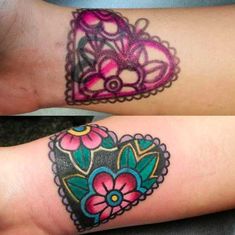 two pictures of the same tattoo on someone's arm, one with flowers and hearts