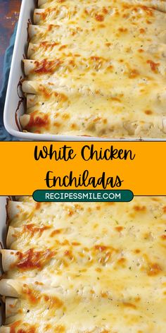 white chicken enchiladas in a casserole dish with melted cheese on top