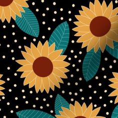 sunflowers and polka dots on a black background