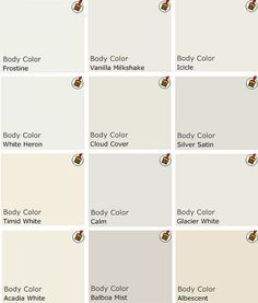 many different shades of white paint with the names and colors in each color, including