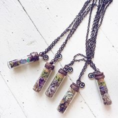 bewitch ii // tall spell jar glass bottle pendant necklaces by Peacock & Lime Mini Bottle Jewelry, Spell Jar Earrings, Spell Jar Jewelry, Mini Glass Bottles Ideas, Mini Glass Bottle Crafts, Trinket Ideas, Upcycle Jars, Spell Jar Necklace, Bottle Necklace Diy