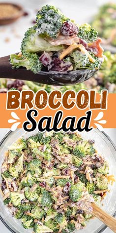 broccoli salad in a glass bowl with text overlay