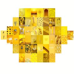 a collage of yellow and white images with different shapes, sizes, and colors