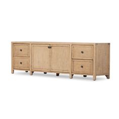 the sideboard is made from wood and has four drawers, one with two doors