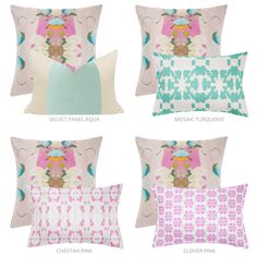 four pillows with different designs on them and the words velvet panel aqua, mocha turquidos