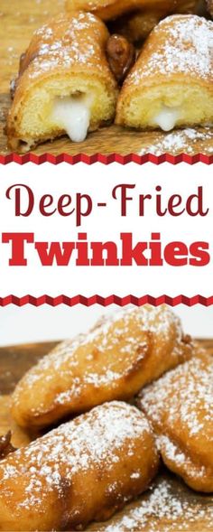 deep fried twinkies with icing and powdered sugar on top, stacked in piles