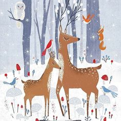 two deers are standing in the snow surrounded by trees and birds, one has its head on another's back