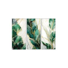 three pieces of art with green leaves on the side and white background, each piece has a